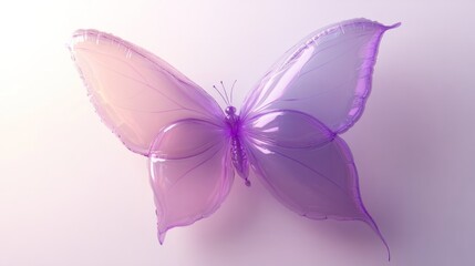 A 3D-rendered balloon shaped like a butterfly, translucent lavender, against a white background with soft lighting 