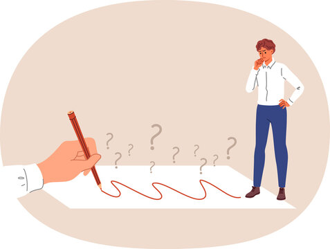 Businessman is considering correctness of proposed solution and path that is drawn by large hand with pencil. Business guy asking questions in search of best solution to get out of difficult situation