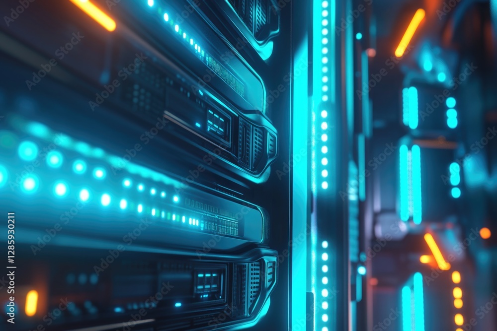 Poster row of servers in a computer room with rows of equipment and wires