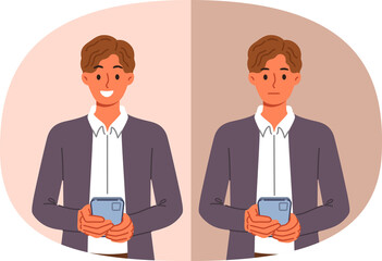 Business man with mobile phone feels happy or sad after using application or receiving message from bank. Different user experience when testing new phone model with non-standard functions