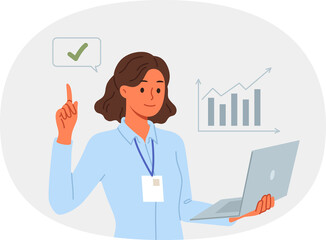 Business woman financial analyst holding laptop and pointing finger up reporting stock market trends. Girl financial analyst smiles, participates in professional conference for traders and investors