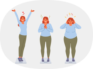 Progress in weight loss for overweight woman who quickly loses extra pounds thanks to right diet. Girl rejoices at weight loss and opportunity to get slim and beautiful body, stands on scales