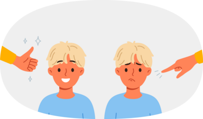 Different approaches to raising child, and use of praise or blame in form of gestures. Process of raising boy who loves positive attitude and gets upset because of reproaches that violate child psyche