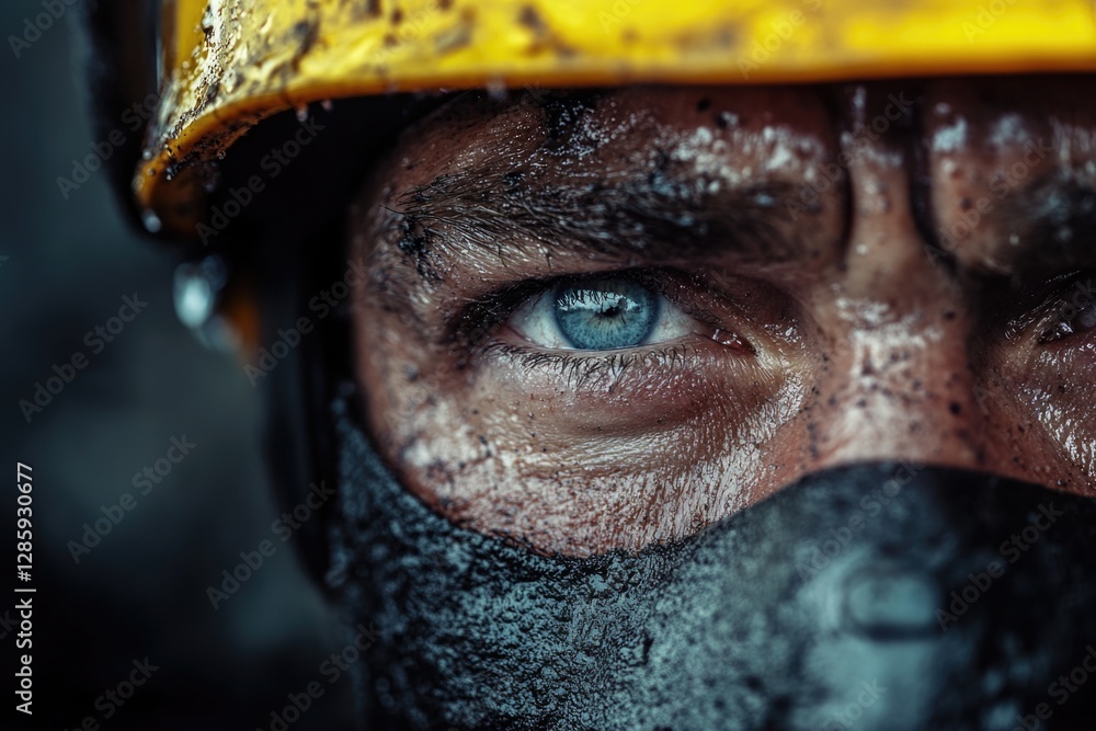 Poster a close-up shot of a person wearing a helmet, suitable for use in various contexts such as safety, s