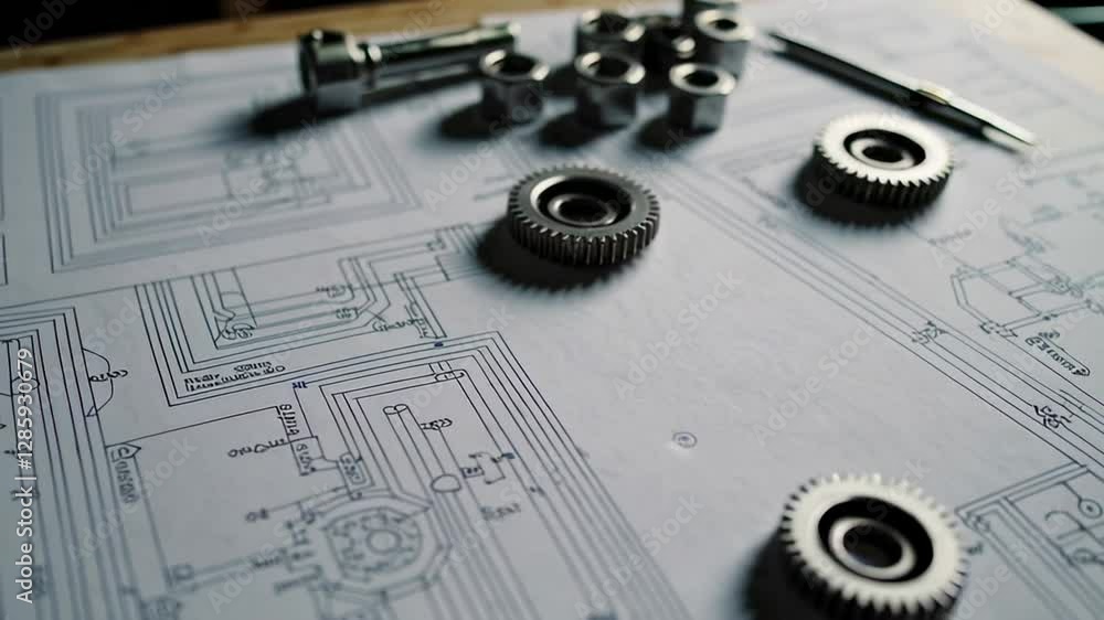 Poster Metal gears and bolts rotating slowly across engineering blueprint, highlighting precision mechanics and industrial design details in close up view