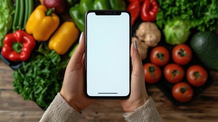 Using a Blank Smartphone Over Fresh Vegetables for Healthy Recipes