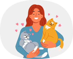 Woman with two cats in arms loves own pets found in shelter with homeless animals. Girl holding affectionate cats, enjoying opportunity to raise kittens and inviting you to visit veterinary store