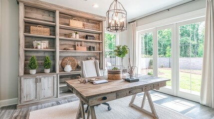 A stylish home office with a desk made from repurposed barn wood and solar-powered lamps.