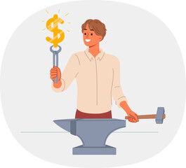 Business man doing money making, using anvil and hammer to produce dollar symbol. Guy demonstrates money making skills, thanks to professional analysis and cool ideas that bring profit
