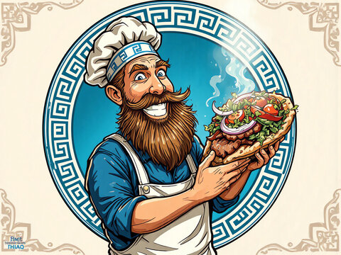 Griechischer Koch pr&auml;sentiert dampfenden Gyros mit frischen Zutaten