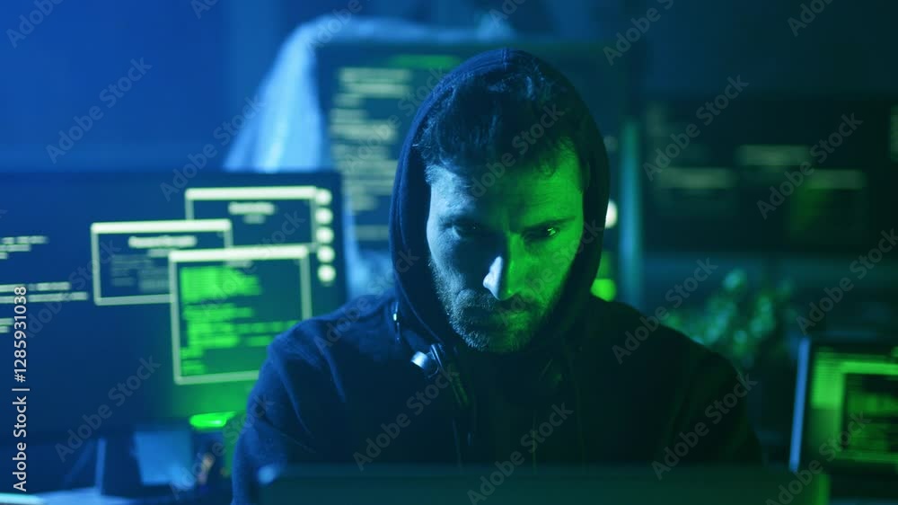 Poster a cyberpunk hacker is diligently working in a dimly lit room surrounded by technology and data