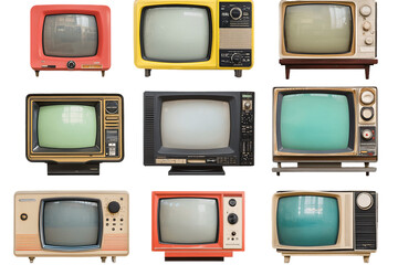 Nine Retro Televisions With Transparent Background