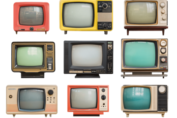Nine Retro Televisions With Transparent Background