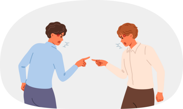 Quarrel between office clerks finding out reasons for company low profits and shouting or pointing fingers at competitor. Two business men quarreling after breaking partnership agreement