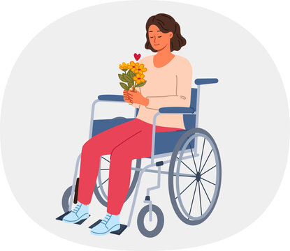 Woman sits in wheelchair holding bouquet of flowers in hands and rejoicing at receiving gift. Happy life to disabled girl using wheelchair, thanks to strength of spirit and support of friends