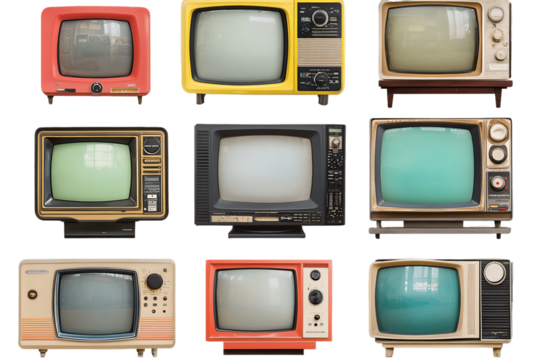 Nine Retro Televisions With Transparent Background