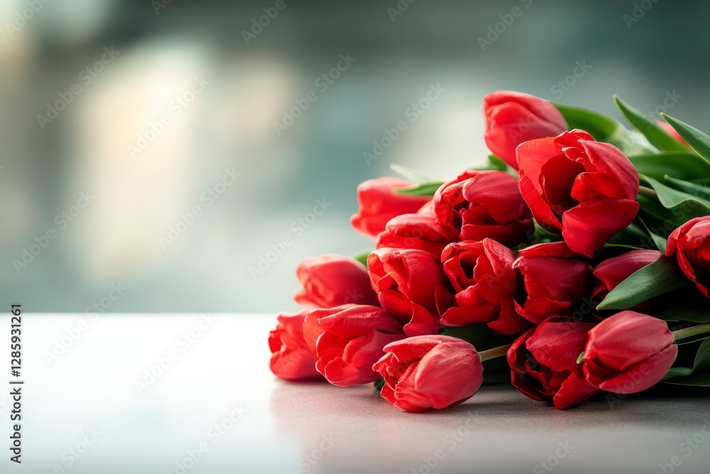 Poster bouquet of red tulips sits on a table. the flowers are arranged in a way that they are all facing th