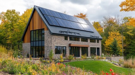 A sustainable home with an exterior made of recycled materials and passive solar design.