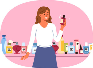 Woman cosmetologist chooses best perfume or lotion to remove wrinkles, standing near shelf with large assortment of cosmetics. Girl cosmetologist with smile demonstrates new skin care gel