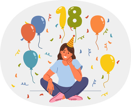 Woman celebrates 18th birthday, proud of reaching adulthood, and sits on floor among candy and balloons. Young cheerful girl student in festive hat invites you to entertaining event in honor birthday