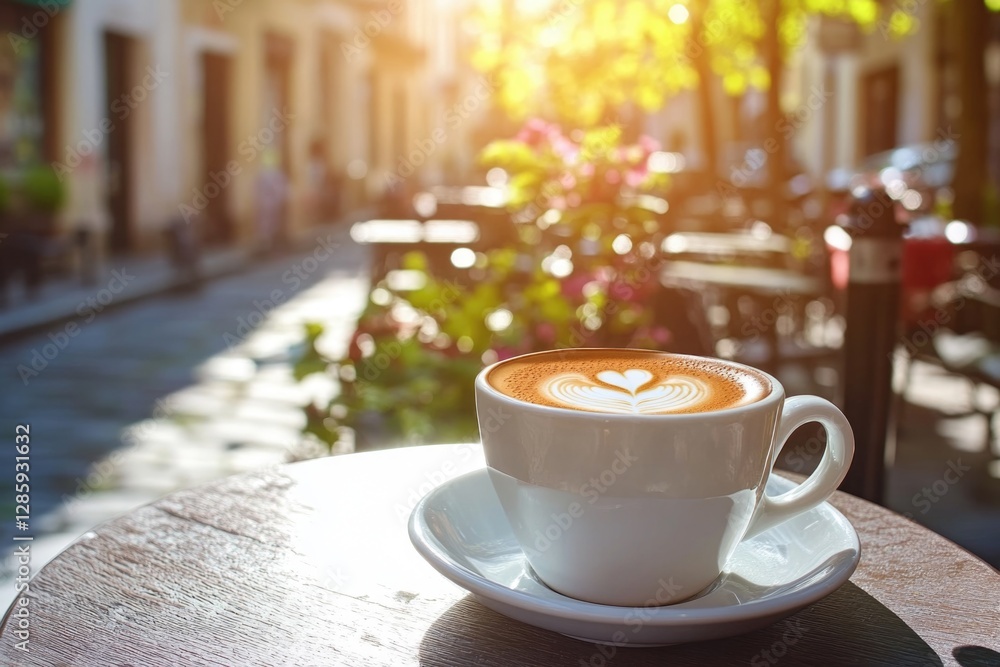 Poster a single serving of coffee sits on a rustic wooden table, ready to be enjoyed