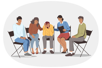 Group psychotherapy in alcoholics anonymous club, with team of people comforting upset man. Alcoholics anonymous section is trying to help friend who is victim of addiction to beer or vodka