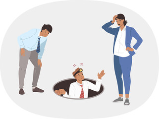 Team business people explore abyss, experiencing perplexity due to lack of solutions to problems. Perplexity among office workers who want to find new opportunity or funding reserves for advertising