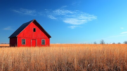 Obraz premium Vibrant Red Barn Nestled in Wide Open Rustic Pasture Under Glowing Blue Sky