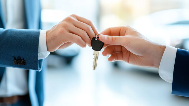 Car Keys Handover: A close-up shot captures the moment of car keys being exchanged between two individuals in a showroom setting, symbolizing purchase and ownership.