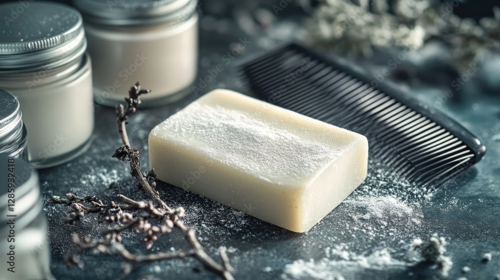 Poster A simple scene with a bar of soap and comb placed side by side on a table