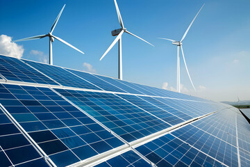 Solar panels in the foreground with wind turbines in the background under a clear blue sky (1)