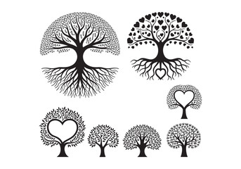 Beautiful Vector Illustrations of Trees with Unique Designs and Heart Shapes - Perfect for Nature Lovers