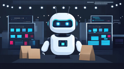 friendly robot in futuristic warehouse manages packages with advanced technology