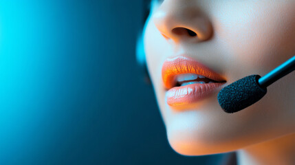 Connecting Voices: A close-up of a person's face, the lips are the center of attention, as a professional headset microphone suggests communication in the workplace or customer service.