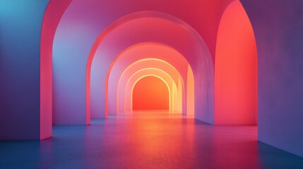 A long hallway with multiple arched openings in vibrant colors