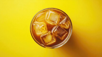 A refreshing glass of iced tea served over a bright yellow background with melting ice cubes