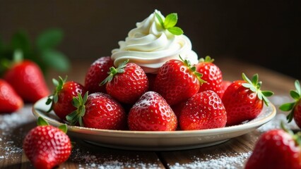 A delightful arrangement of fresh strawberries, delicately dusted with powdered sugar, crowned with a fluffy dollop of whipped cream and a sprig of mint, artfully presented on a rustic wooden table.