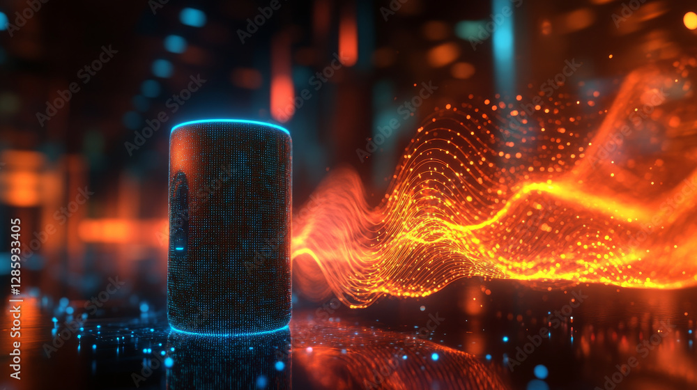 Poster glowing ai powered voice assistant processes data in futuristic digital environment
