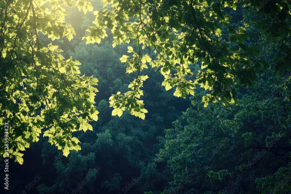 Poster a photo of sunlight shining through the leaves of a tree, creating dappled patterns on the ground