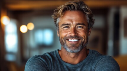 Fototapeta premium Man with a beard and gray hair is smiling and looking at the camera. He is wearing a black shirt and he is happy