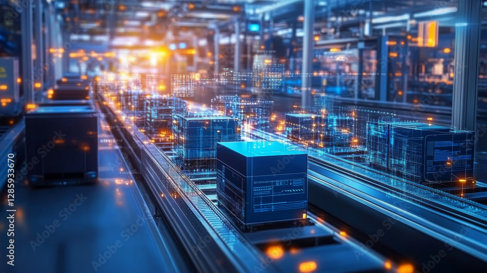 Poster futuristic factory with ai powered systems managing automated production lines