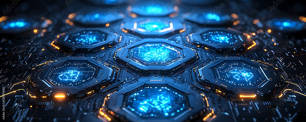 Poster intricate futuristic tech network. glowing hexagonal nodes circuits depict digital connectivity, ai,