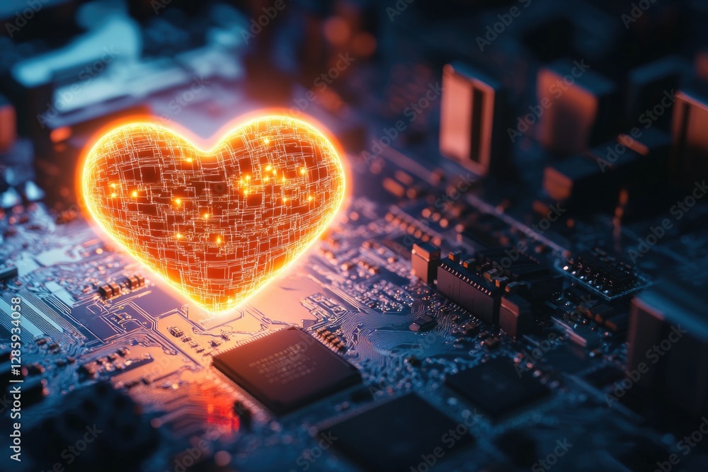 Poster A computer motherboard with a unique glowing heart component