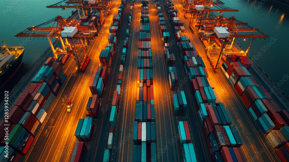 Poster Aerial view of busy shipping port with colorful containers and cranes