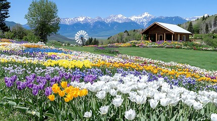 Vibrant Spring Tulip Field Mountain Cabin and Windmill Landscape
