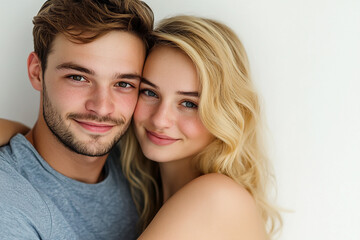 A couple hugging each other on a white background