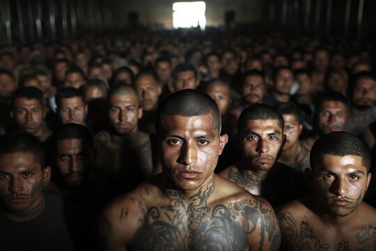 Group of male inmates poses for a record photo inside a crowded prison during the day in a facility