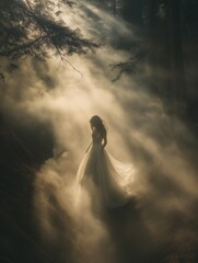 Young woman walking in a forest full of mist, amazing sunrays lightning up the mysterious fog.