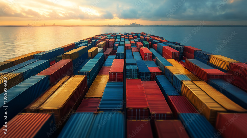 Poster autonomous shipping containers using ai driven logistics on calm sea at sunset