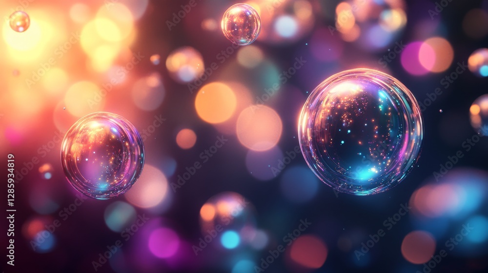 Poster the shining soap bubbles float in a magical colorful background